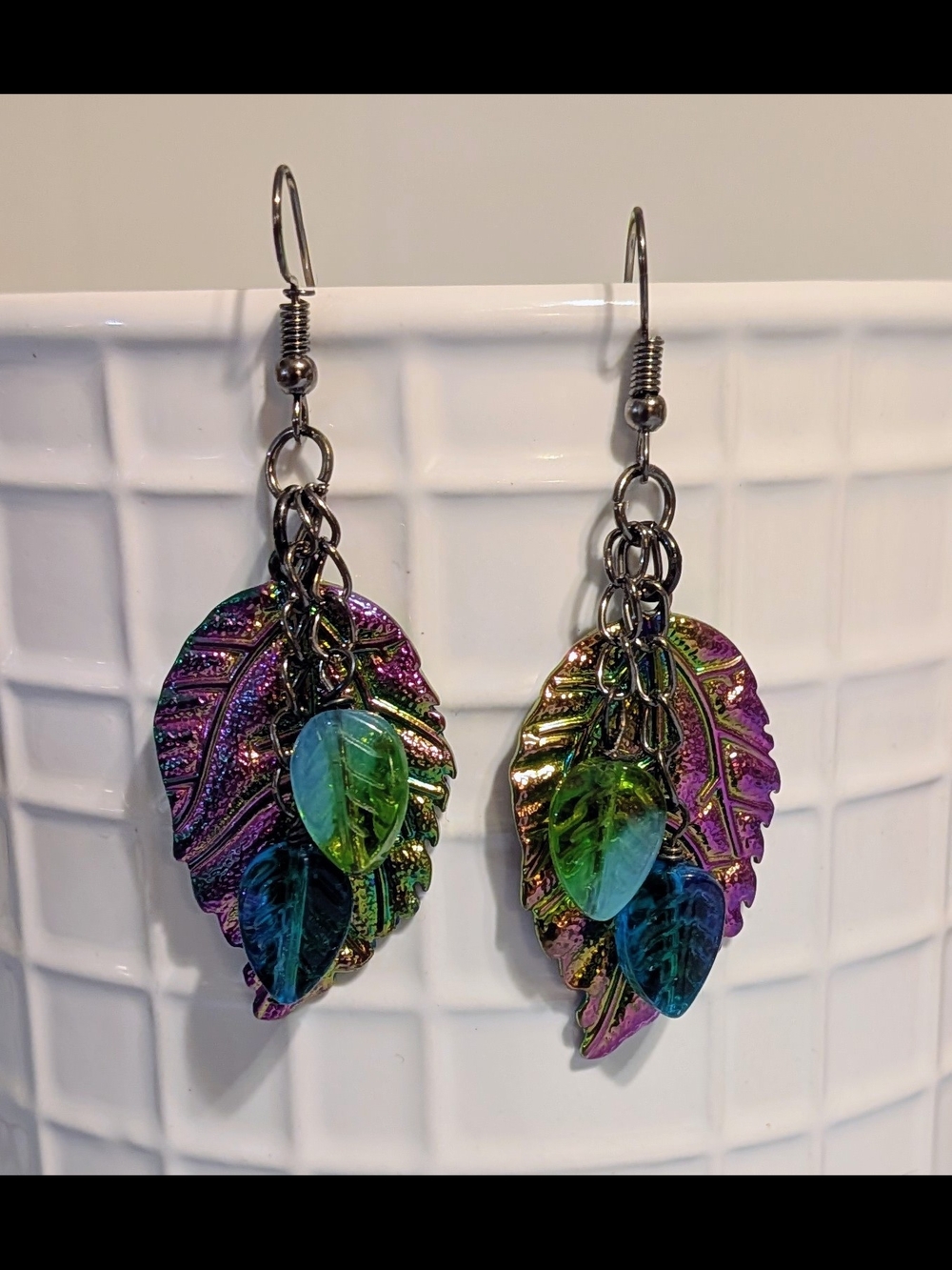 Iridescent Rainbow Leaf Dangle Earrings with Blue/Green Crystals, One of a Kind